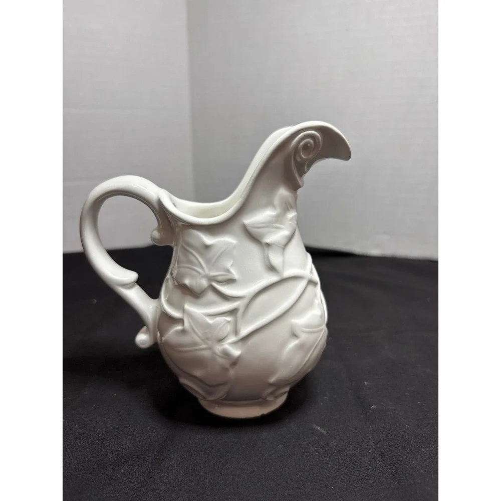 Villa Verde White Ceramic Pitcher Embossed‎ Leaf Detail Creamer Serving